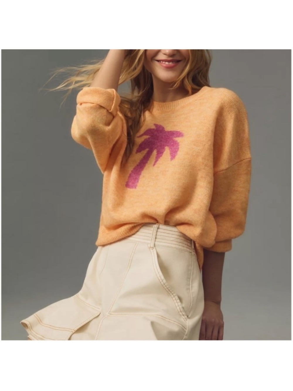 Sundry Peach Sweater with Pink Palm Tree Graphic
